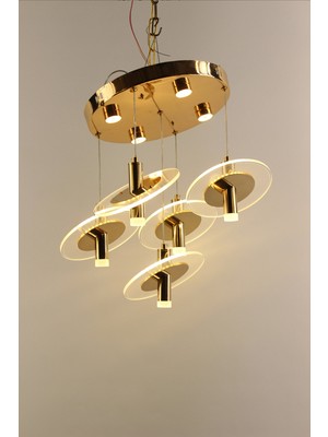 GN Gen Aydınlatma Modern Gold Tepsi 5li Yatay Disk Formlu Kristalize 3 Renk LED Avize