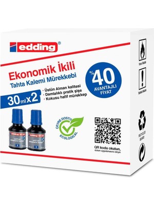 Edding Bt30 Tahta Kalem Mürekkebi Damlalıklı Ekonomik 30 Ml Mavi (2 Li Paket)
