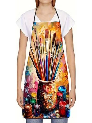 Valkyrie Ressam Temalı Mutfak Önlüğü Boya Fırçası Baskılı Cepli Ayarlanabilir Askılı Mutfak Servis Hobi Önlüğü