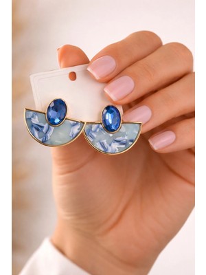 Bymiel Mavi Taş Detaylı Mermer Desenli Gold Çerçeve Küpe (Karamaz Alerji Yapmaz 316 Çelik)