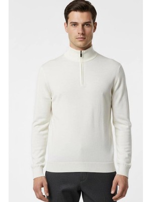 Sabri Özel Ekru Regular Fit Pamuklu Fermuarlı Yarım Balıkçı Yaka Erkek Triko Kazak