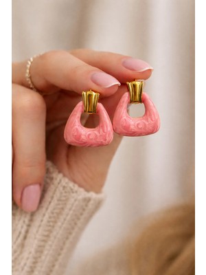 Bymiel Pembe Mermer Desenli Gold Detaylı Kadın Küpe – Modern Tasarım (Kararmaz Alerji Yapmaz 316 Çelik)