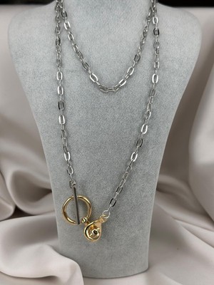 ZS Aksesuar Gümüş & Gold Renk T-Bar Kilitli Modern Zincir Kolye