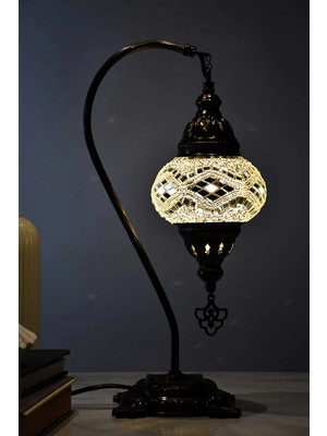 Deveboynu El Yapımı Mozaik Abajur Masa Lambası 42 cm Pirinç Gövde E14 Duy Dekoratif Otantik Vintage Aydınlatma