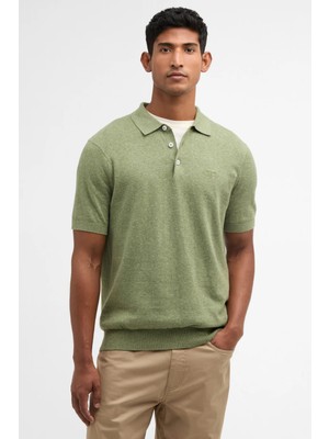 Barbour Muston Linen Blend Knitted Polo Yaka GN34 Laurel Green
