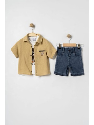 Bontino Erkek Bebek %100 Pamuk Sincap Nakışlı Gömlekli, Tişörtlü ve Şortlu Takım - 6-24 Ay