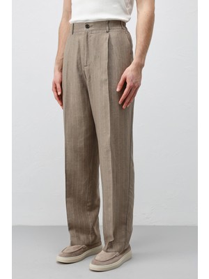 Antioch Bej Keten Karışımlı Çizgili Erkek Pantolon