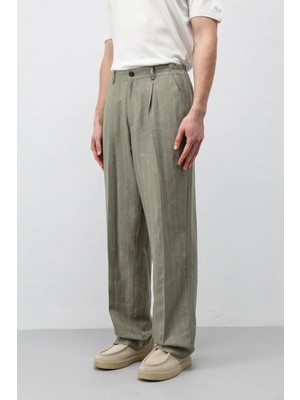 Antioch Haki Keten Karışımlı Çizgili Erkek Pantolon