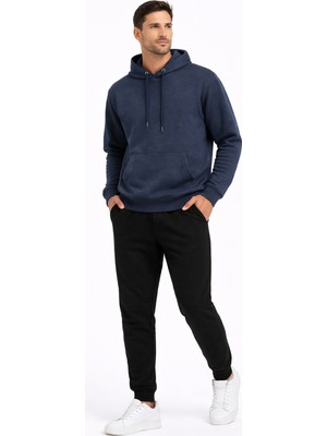 Justas Erkek Üç Iplik Şardonlu Kapüşonlu Kanguru Cepli Kaşkorseli Sweatshirt Rahat Kalıp Günlük & Spor