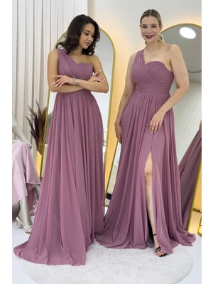 Zks Grup Tekstil-Kadın Tek Omuz Piliseli Kloş Abiye Elbise Gül Kurusu, Yeşil, Siyah,kırmızı,lacivert