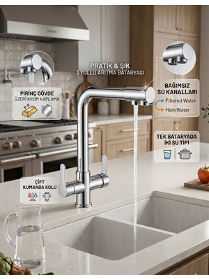 T.U.A. ARMATÜR Tua Armatür Oval Lux Arıtma Çıkışlı 3 Yollu Pirinç Materyal Krom Kaplama Mutfak Eviye Bataryası Musluğu-Yerli Üretim  Ev Dekorasyon Tadilat