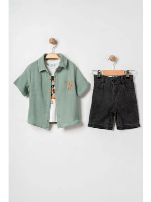Bontino Erkek Bebek %100 Pamuk Sincap Nakışlı Gömlekli, Tişörtlü ve Şortlu Takım - 6-24 Ay