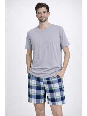 Koza İç Giyim Erkek Pamuklu Ekose Desenli Kısa Kollu Cepli Şortlu Pijama Takımı