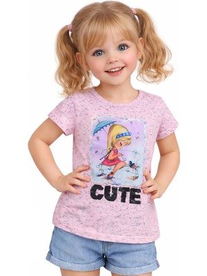 Do&Fa Kids Kız Çocuk Cute Yazılı Önü Desenli Pullu Pembe Renk Tişört