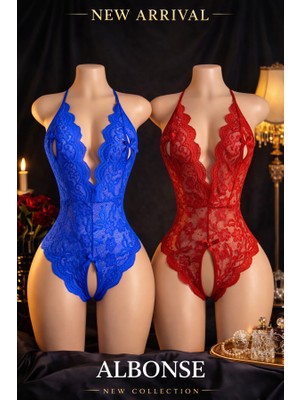 albonse Mavi Kırmızı Dantel Detaylı Sırtı Açık ve Özel Bölgesi Açık Fantezi Gecelik