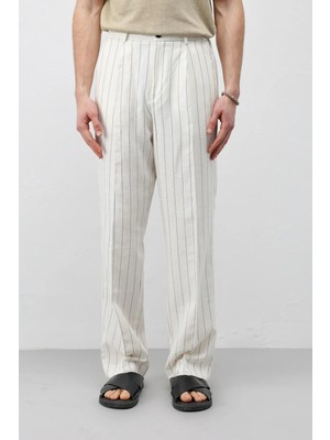 Antioch Ekru Keten Karışımlı Çizgili Erkek Pantolon