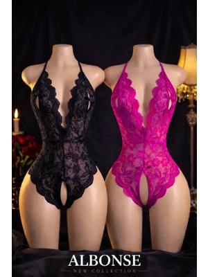 albonse Siyah Fuşya Dantel Detaylı Sırtı Açık ve Özel Bölgesi Açık Fantezi Gecelik