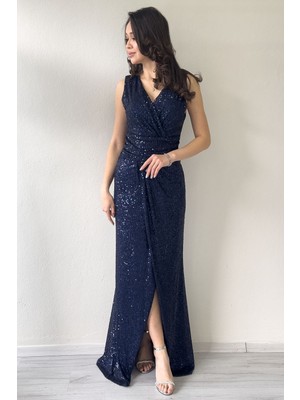 Zks Grup Tekstil-Kadın Kruvaze Yaka Payet Tasarım Sıfır Kol Yırtmaçlı Balık Abiye Elbise Siyah, Bordo, Mürdüm, Bej, Leopar, Kırmızı