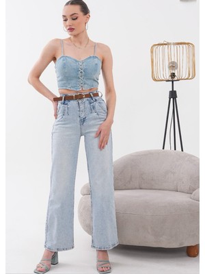 Rich Star Kadın Kemerli Açık Mavi Wide Leg Kot Pantolon