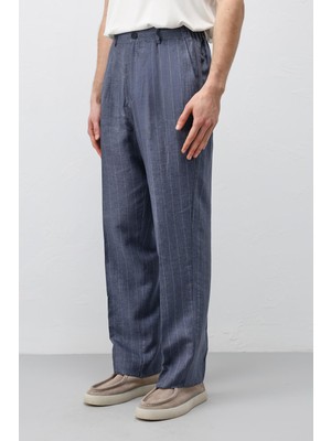 Antioch Lacivert Keten Karışımlı Çizgili Erkek Pantolon
