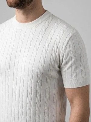 Uslucan Alışveriş Erkek Yazlık Triko Dokuma Tişört Kısa Kol Bisiklet Yaka Örgü Desenli T-Shirt - Beyaz