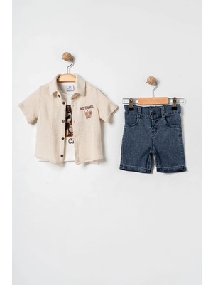 Bontino Erkek Bebek %100 Pamuk Sincap Nakışlı Gömlekli, Tişörtlü ve Şortlu Takım - 6-24 Ay
