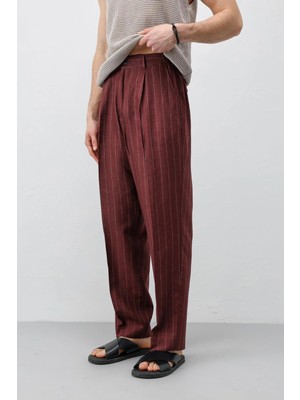 Antioch Bordo Keten Karışımlı Çizgili Erkek Pantolon