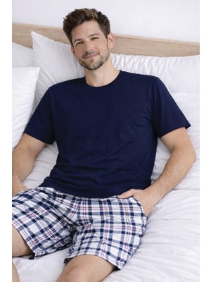 Koza İç Giyim Erkek Pamuklu Ekose Desenli Kısa Kollu Cepli Şortlu Pijama Takımı