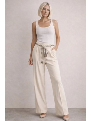 İbeeka Etoile Krem Scraf Fular Detay Pantolon  - Krem - M