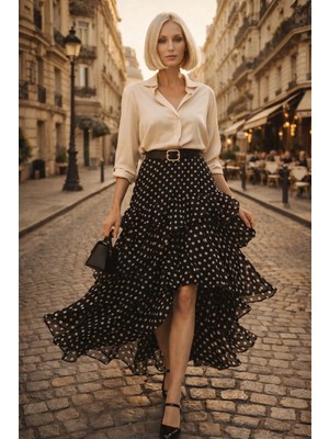 70S Paris Style Polka Dot / Puantiye Uzun Etek Kat - Yırtmaç Detay - Siyah - S