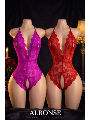 albonse Kırmızı Fuşya Dantel Detaylı Sırtı Açık ve Özel Bölgesi Açık Fantezi Gecelik