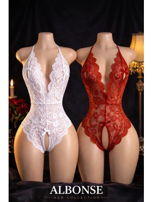 albonse Kırmızı Beyaz Dantel Detaylı Sırtı Açık ve Özel Bölgesi Açık Fantezi Gecelik
