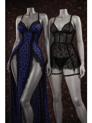 albonse Dantel Detaylı Göğüs Dekolteli ve Mavi Leopar Desenli Yırtmaçlı Tanga Dahil Kadın Gecelik Takımı Avantajlı 2 Li Paket