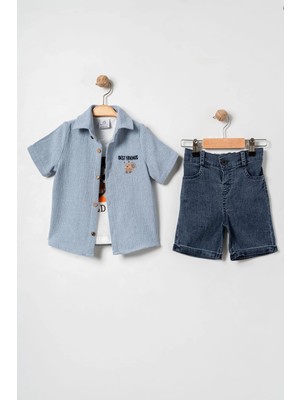 Bontino Erkek Bebek %100 Pamuk Sincap Nakışlı Gömlekli, Tişörtlü ve Şortlu Takım - 6-24 Ay