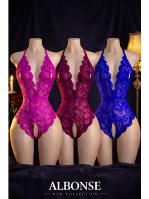 albonse Fuşya Bordo Saks Dantel Detaylı Sırtı Açık Fantezi Gecelik 3’lü Set