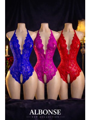 albonse Saks Fuşya Kırmızı Dantel Detaylı Sırtı Açık Fantezi Gecelik 3’lü Set