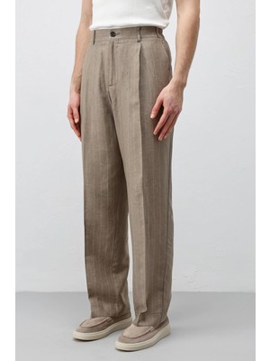 Antioch Bej Keten Karışımlı Çizgili Erkek Pantolon