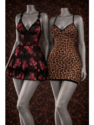 albonse Leopar Desenli V Yaka Mini Gecelik & Siyah Transparan Gül Baskılı Babydoll Set