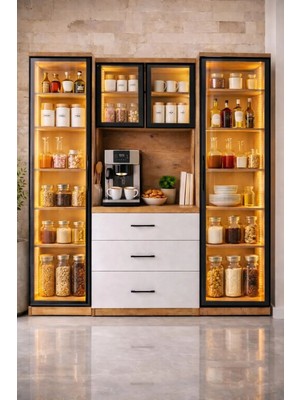 Setay Vitrinli Ünite, Liveo Kahve Köşesi + Çok Amaçlı Raflı Iki Kapaklı Dolap