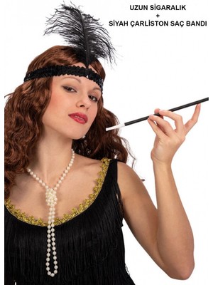 MiraLive 1920'LER Gatsby Aksesuar Seti – Siyah Charleston Saç Bandı & Sigaralık