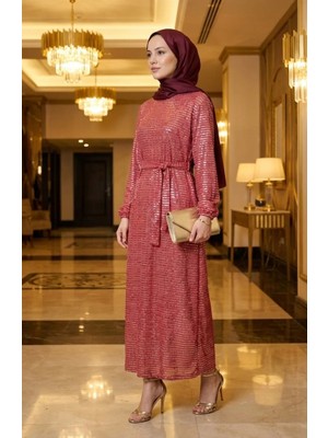 Kolu Lastikli Pullu Tesettür Abiye Elbise 2196-01 Bordo