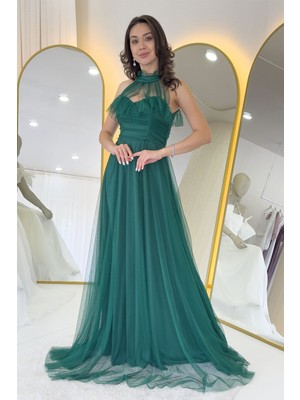 The Zks-Kadın Drapeli Kolsuz Tül Abiye Elbise Yeşil, Bebe Mavi, Beyaz, Saks, Lacivert, Siyah