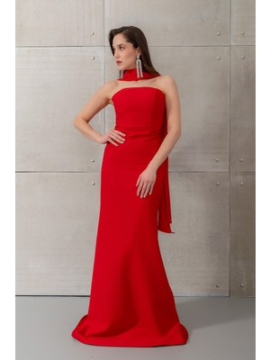 Lafaba Kadın Kırmızı Dar Kalıp Şal Yaka Detay Uzun Abiye Elbise