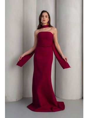 Lafaba Kadın Mürdüm Dar Kalıp Şal Yaka Detay Uzun Abiye Elbise