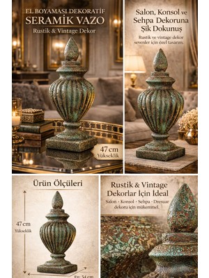 El Boyaması Dekoratif Seramik Vazo 47 cm – Rustik Vintage Salon Konsol Sehpa Dekoru