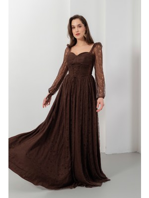 Lafaba Kadın Kahverengi Dar Kalıp Uzun Kol Bacak Dekolteli Dantelli Abiye Elbise