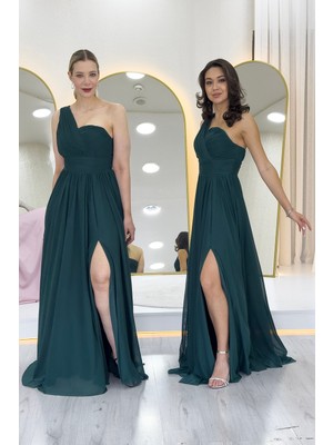 Thezkscom-Kadın Tek Omuz Piliseli Kloş Abiye Elbise Gül Kurusu, Yeşil, Siyah,kırmızı,lacivert