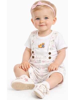 Mini Kanka Bebek 2’li Takım Tulum ve Tişört Set Pamuklu Yazlık Askılı Şort Tulum Desenli Unisex Bebek Giyim