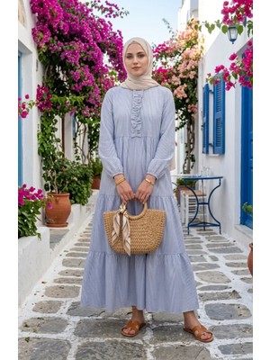 Çizgili Poplin Fırfır Detaylı Tesettür Elbise 2190-01 Lacivert