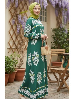Desenli Kolu Lastikli Viskon Tesettür Elbise 2201-02 Yeşil